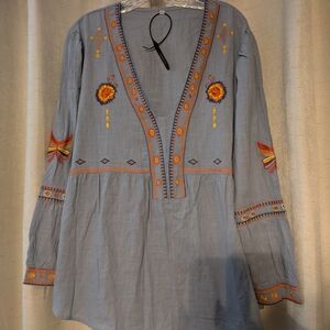 Embroidered V-Neck Light Blue Tunic with Orange Accents